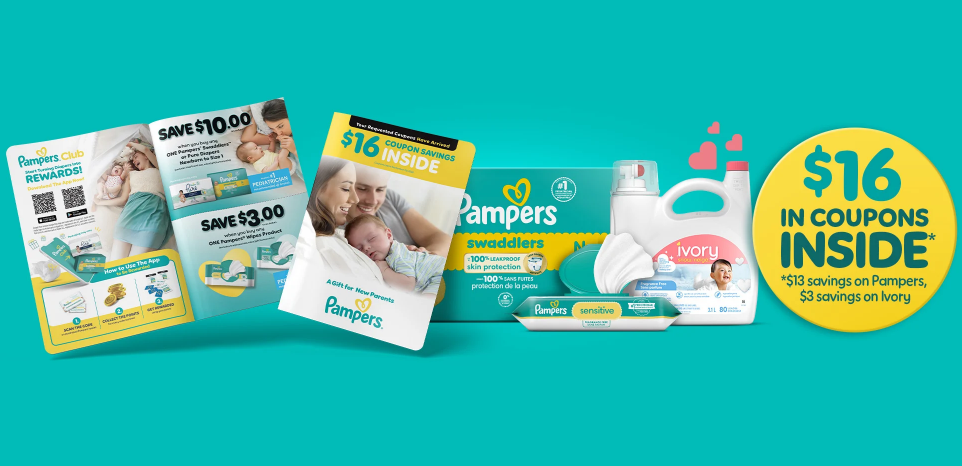 An image of the New Parent Booklet with coupons for Pampers and Ivory products.