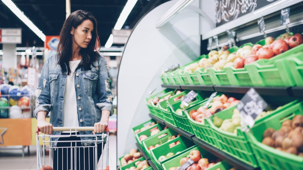 A woman pushing a cart and examining boxes of produce in a grocery store