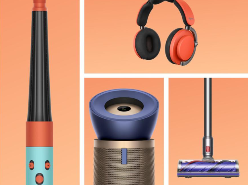 A picture featuring Dyson products, including the Airwrap styler and V8 vacuum,