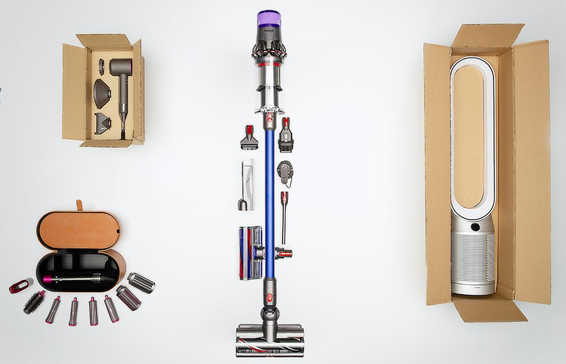Dyson renewed products being shown in plain boxes.